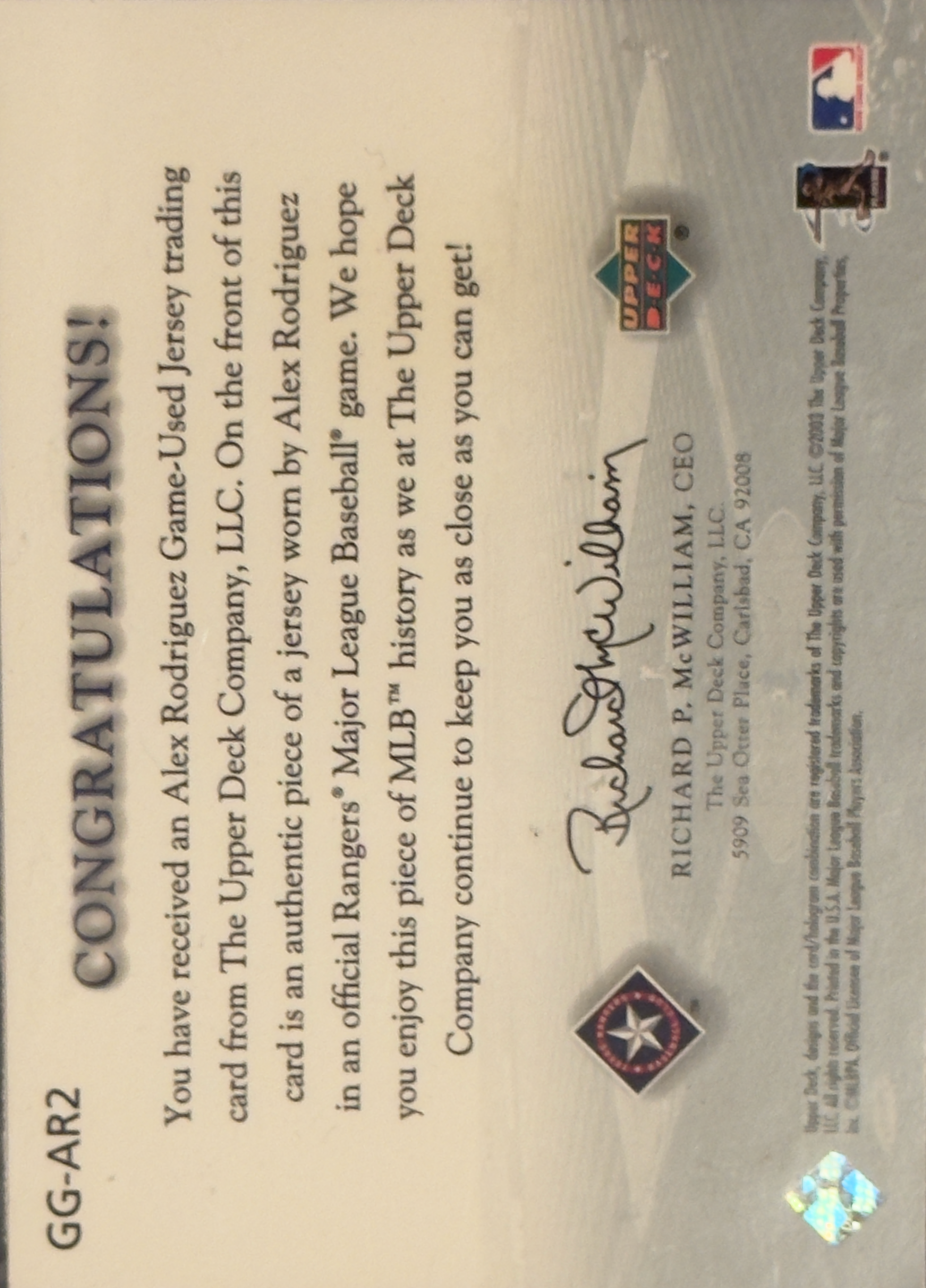 2003 Upper Deck Game Face Gear Relic Alex Rodriguez Texas Rangers #GG-AR2