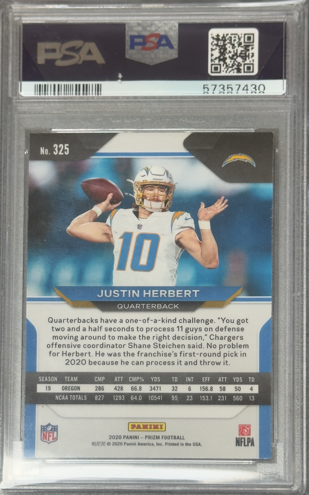 2020 Justin Herbert Rookie Card #325 Panini Prizm PSA 9